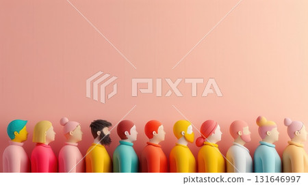 A line of colorful figurines standing in profile on a pink background. 131646997