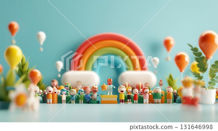 Cheerful cartoon people celebrating under a rainbow with balloons and plants. Cheerful cartoon people celebrating under a rainbow with balloons and plants. 131646998