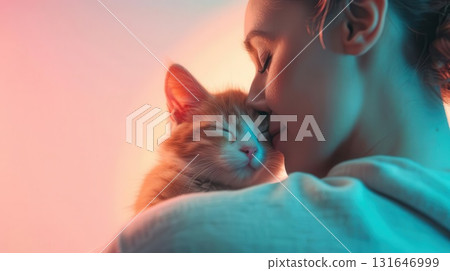 Miniature couple with dog standing on pink surface against turquoise background. 131646999
