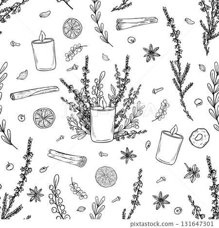 Burning candle among aromatic spices and herbs monochrome vector seamless pattern. Etching drawing of heather, cinnamon sticks, orange slices, cardamom, apples, star anise. Ornate for festive design 131647301