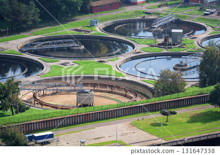 Aerial view of storage tanks, sewage water treatment plant, water shortage and global warming concept 131647338