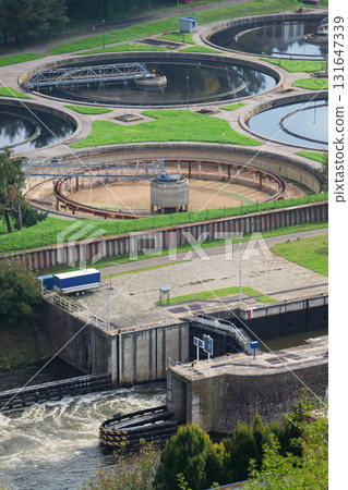 Aerial view of storage tanks, sewage water treatment plant, water shortage and global warming concept 131647339