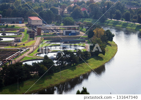 Aerial view of storage tanks, sewage water treatment plant, water shortage and global warming concept 131647340