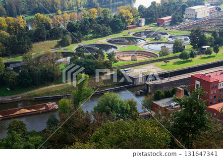 Aerial view of storage tanks, sewage water treatment plant, water shortage and global warming concept 131647341