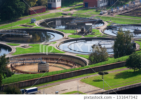 Aerial view of storage tanks, sewage water treatment plant, water shortage and global warming concept 131647342