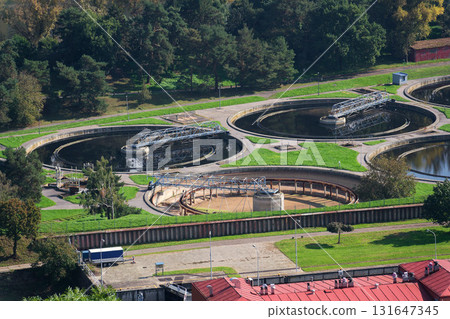 Aerial view of storage tanks, sewage water treatment plant, water shortage and global warming concept 131647345