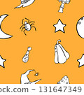 Seamless Halloween pattern with pumpkin, web, hat and stars. 131647349
