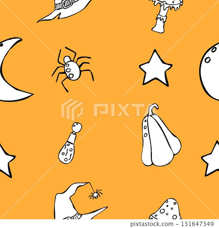 Seamless Halloween pattern with pumpkin, web, hat and stars. 131647349