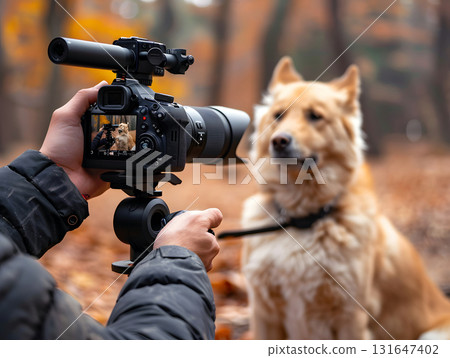 filming a golden retriever with a professional camera outdoors 131647402