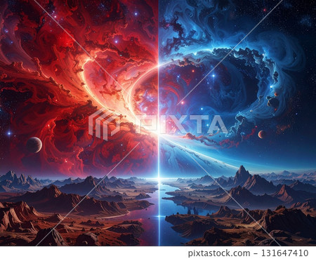 A magnificent cosmic view where a torrent of light, like a confrontation between red and blue universes, divides the world. 131647410