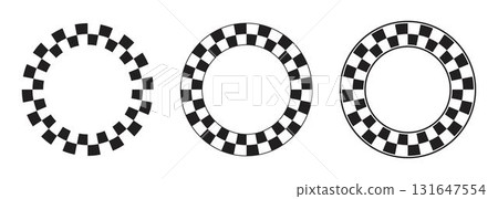 Set of round frames with black and white checkered print. Circular forms with checkerboard, race flag or chess game plane pattern isolated on white background. Vector graphic illistration Set of round frames with black and white checkered print. Circular forms with checkerboard, race flag or chess game plane pattern isolated on white background. Vector graphic illistration 131647554