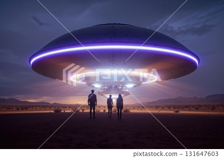 Massive spacecraft hovers above desert, casting brilliant radiant glow on awestruck figures Massive spacecraft hovers above desert, casting brilliant radiant glow on awestruck figures 131647603