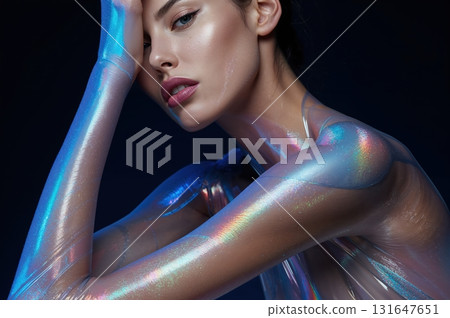 Avant-garde glass skin model glows with surreal refracted light brilliance Avant-garde glass skin model glows with surreal refracted light brilliance 131647651
