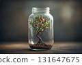 Miniature apple tree with ripe fruit growing inside sealed glass jar 131647675