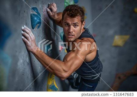 Determined climber ascends colorful textured wall with chalked hands and focused eyes 131647683