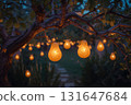 Golden pears glow warmly like lanterns in dreamy twilight mystical garden 131647684