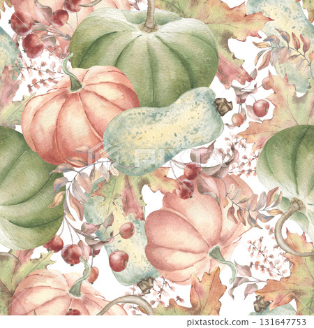 Whimsical Autumn Harvest Pattern isolated. Levitated pumpkins, crab apples and autumn leaves warm vintage tones watercolor seamless pattern hand painted. Fall botanical repeat for home textiles. Whimsical Autumn Harvest Pattern isolated. Levitated pumpkins, crab apples and autumn leaves warm vintage tones watercolor seamless pattern hand painted. Fall botanical repeat for home textiles. 131647753