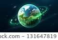 Green Earth planet is flying in space with a ring of recycle signs. 131647819