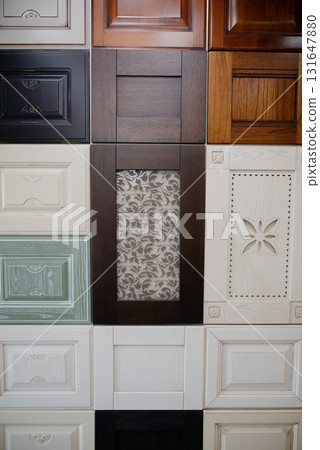 Samples of kitchen fronts in different colors and textures 131647880