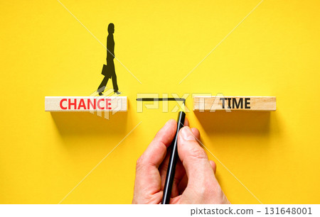 Chance time symbol. Concept word Chance time on beautiful wooden blocks. Beautiful yellow paper background. Businesswoman icon. Business chance time concept. Copy space. 131648001