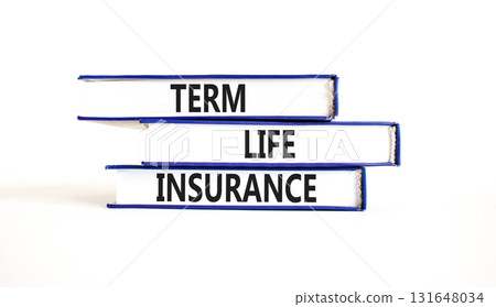 Term life insurance symbol. Concept words Term life insurance on beautiful blue white books. Beautiful white background. Business term life insurance concept. Copy space. 131648034