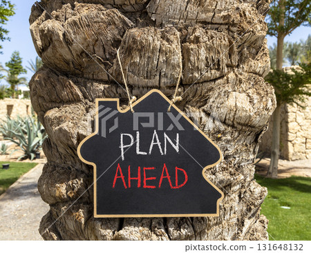 Plan ahead symbol. Concept word Plan ahead on beautiful black blackboard. Beautiful old palm tree background. Black blackboard. Business plan ahead concept. Copy space. 131648132