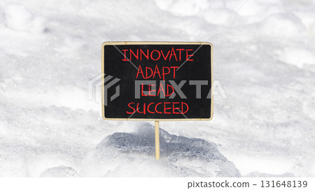 Innovate adapt lead succeed symbol. Concept words Innovate Adapt Lead Succeed on beautiful black blackboard. Beautiful snow background. Business innovate adapt lead succeed concept. Copy space Innovate adapt lead succeed symbol. Concept words Innovate Adapt Lead Succeed on beautiful black blackboard. Beautiful snow background. Business innovate adapt lead succeed concept. Copy space 131648139