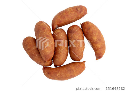 pile of smoked sausage isolated 131648282