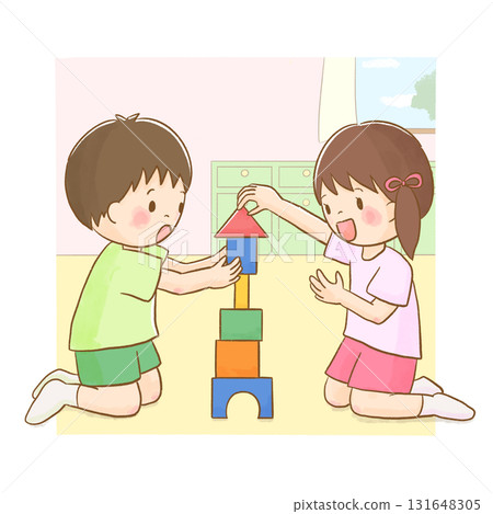 兒童玩積木的水彩插圖/可用於育兒、教育和育兒圖像的素材 兒童玩積木的水彩插圖/可用於育兒、教育和育兒圖像的素材 131648305