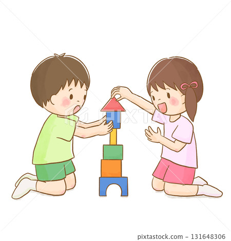孩子們玩積木的水彩插圖(無背景)/可愛的育兒和教育材料 孩子們玩積木的水彩插圖(無背景)/可愛的育兒和教育材料 131648306