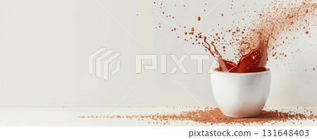 Chocolate splash in a white cup on a white background 131648403