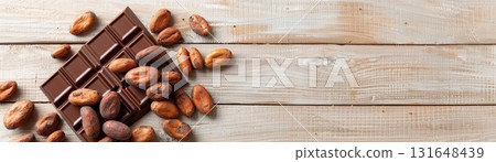 Close-up of a chocolate bar and cocoa beans on a wooden surface. 131648439