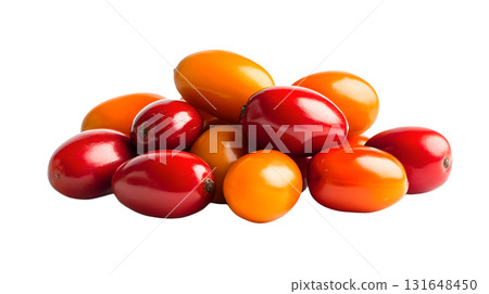 a cluster of oblong fruit, varying in shade from vibrant orange to deep reddish hues, sits on a stark white surface 131648450
