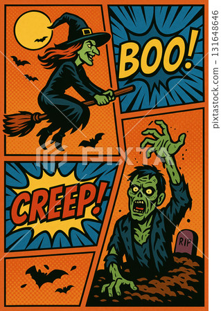 Halloween Comic Style Illustration with Witch and Zombie Halloween Comic Style Illustration with Witch and Zombie 131648646