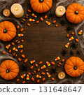 Halloween Flat Lay with Pumpkins and Candy 131648647