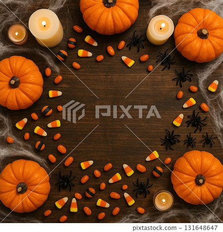 Halloween Flat Lay with Pumpkins and Candy 131648647