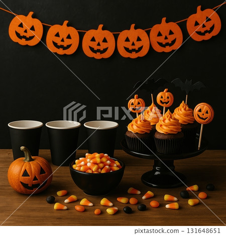 Halloween Party Table with Cupcakes and Candy 131648651