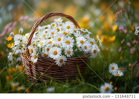 Woven Basket Overflowing with Fresh Daisies in a Sunlit Wildflower Field. Woven Basket Overflowing with Fresh Daisies in a Sunlit Wildflower Field. 131648711