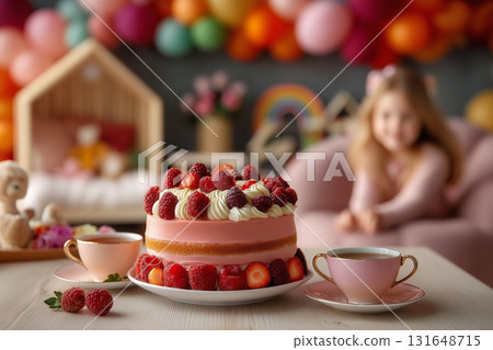 Pink Birthday Cake with Fresh Berries and Tea Cups at a Child's Party. 131648715