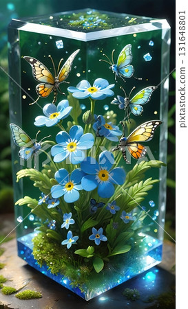 A transparent cube containing a lush arrangement of forget-me-not flowers and several blue butterflies. Ethereal Cube Garden of Light 131648801