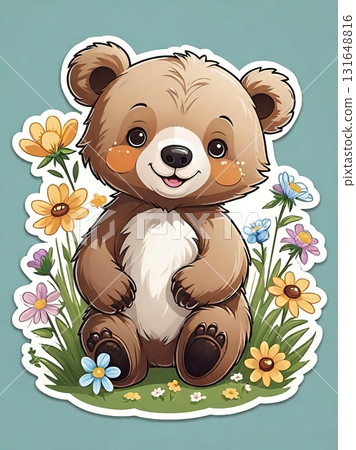 Friendly Bear Cub in a Playful Flower Scene 131648816