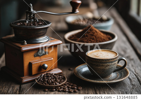 Manual Coffee Grinder with Freshly Ground Powder and Espresso Cup. 131648885
