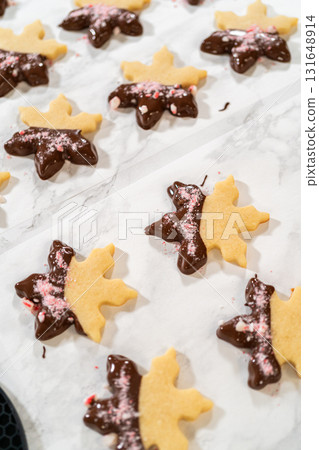 Close-up of a chocolate-dipped snowflake sugar cookie topped with crushed peppermint candy on parchment paper. Close-up of a chocolate-dipped snowflake sugar cookie topped with crushed peppermint candy on parchment paper. 131648914