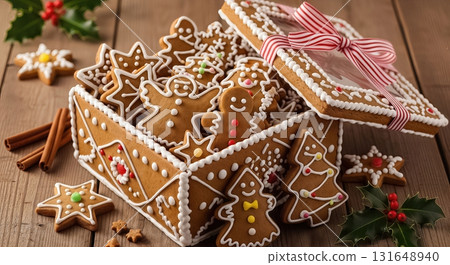 A gingerbread box designed like a house is filled with decorated cookies. The cookies include stars, trees, and gingerbread people with colorful icing. A ribbon decorates the box lid creating a 131648940