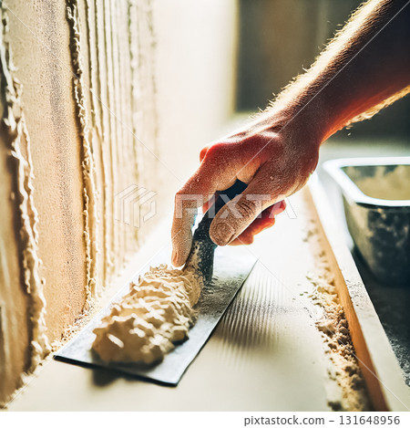 This image captures a detailed close-up of a drywall seam with joint compound applied. In the background, a worker is blurred while applying the compound with a trowel, focusing on the intricate This image captures a detailed close-up of a drywall seam with joint compound applied. In the background, a worker is blurred while applying the compound with a trowel, focusing on the intricate 131648956