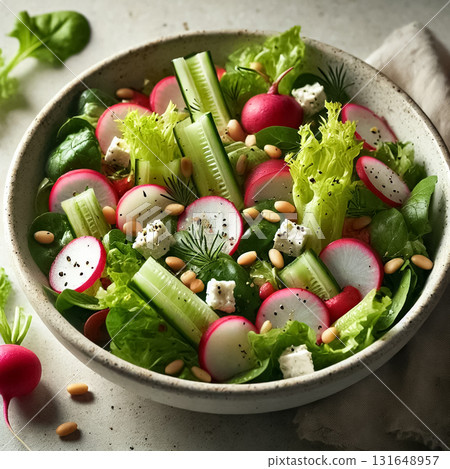 A vibrant salad of radishes, greens, celery, and feta cheese served in a modern bowl. Perfect for food styling, clean eating, and vegetarian lifestyle visuals. A vibrant salad of radishes, greens, celery, and feta cheese served in a modern bowl. Perfect for food styling, clean eating, and vegetarian lifestyle visuals. 131648957