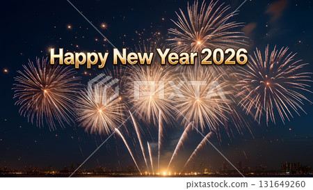 2026 Happy New Year greeting card. Banner with 2026 gold numbers with shining particles, glow light effect and glitter texture 131649260