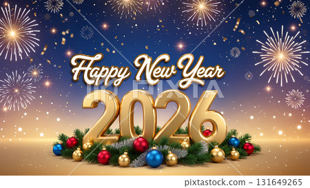 2026 Happy New Year greeting card. Banner with 2026 gold numbers with shining particles, glow light effect and glitter texture 131649265