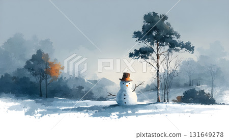 A watercolor painting of a winter landscape with a snowman, minimalist and Clean background 131649278