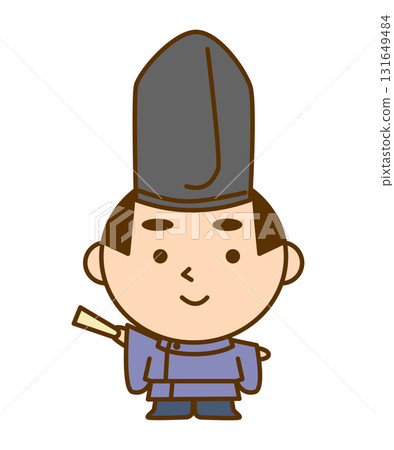 平安時代貴族右手拿著扇子指著的插圖。可愛的日本人物素材 131649484